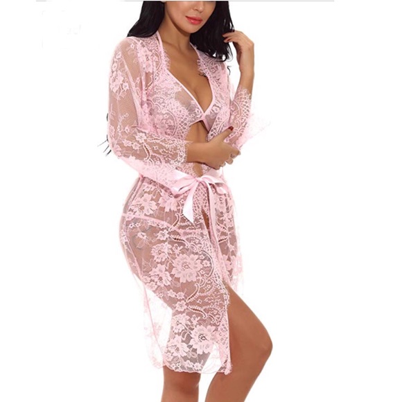 4 Pieces Sheer Lace Long Robe Lingerie-Pink - Picture 3 of 7